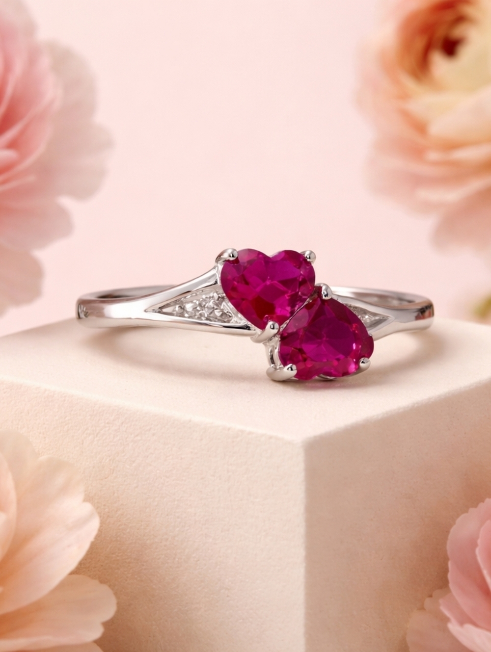 🆕️ 925 Sterling Silver Double Heart Dark Pink Topaz & CZ  Ring Size 8